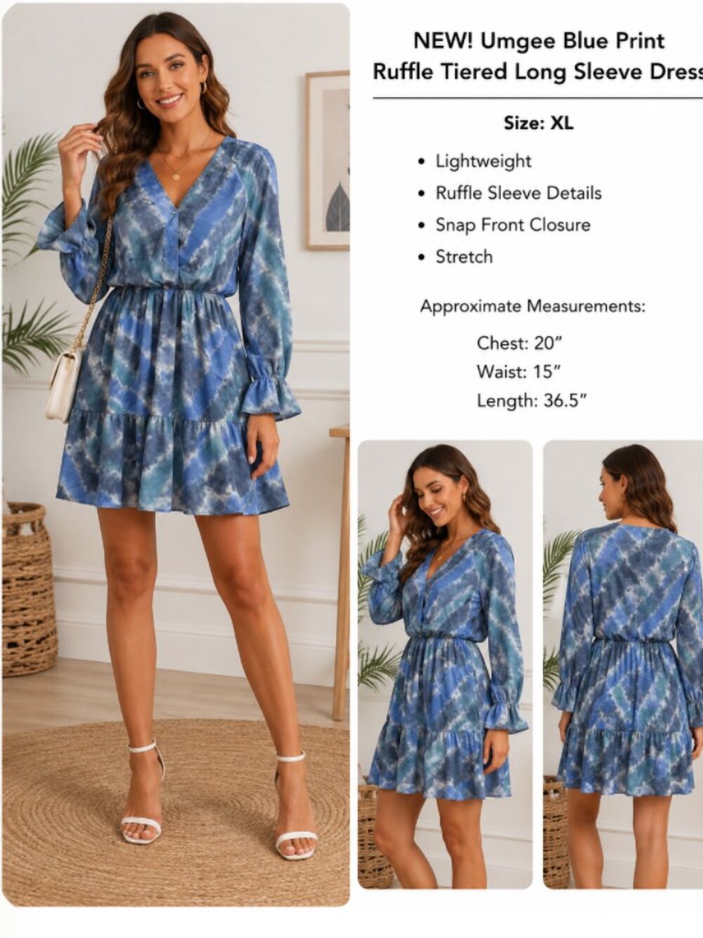 NEW! Umgee Blue Print Ruffle Tiered Long Sleeve Dress Size XL
